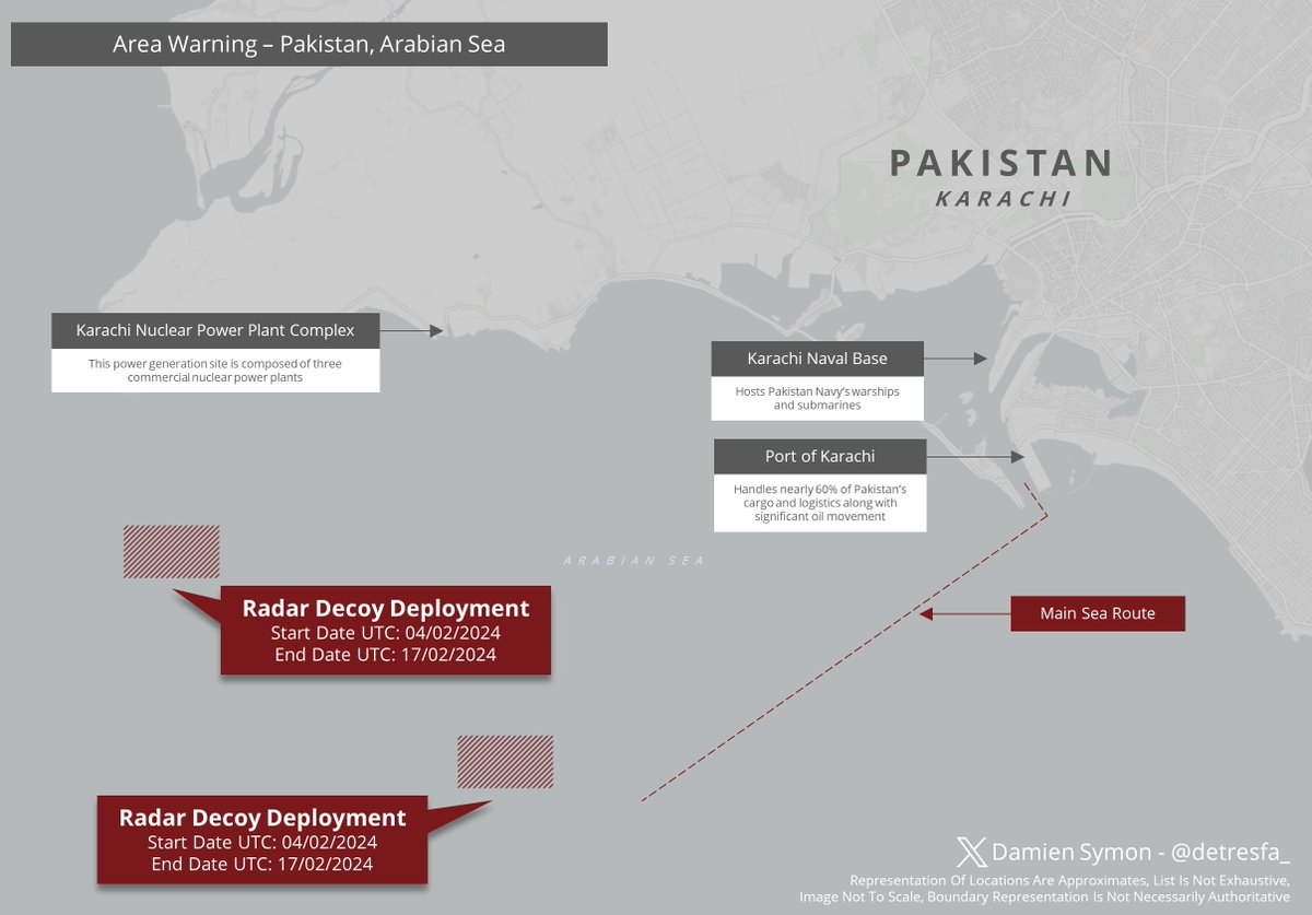 #AreaWarning #Pakistan issues a very interesting notification warning mariners about the deployment of 'RADAR DECOYS' in the Arabian Sea just outside Karachi   Dates | 04-17 Feb 2024