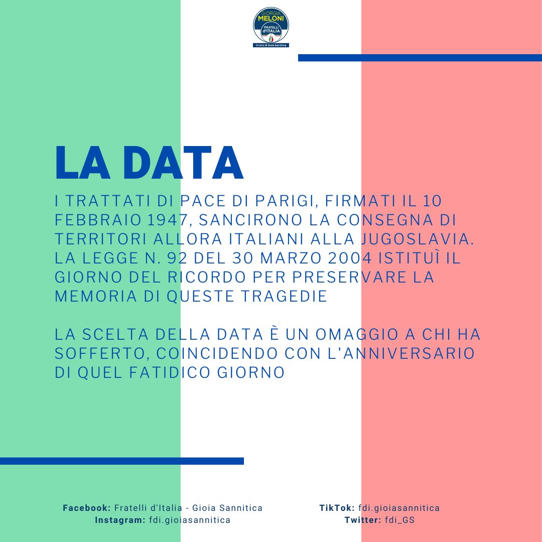fdi_GS's tweet photo. IL GIORNO DEL RICORDO

Ogni 10 febbraio celebriamo il Giorno del Ricordo, un'occasione per onorare le vittime delle foibe e dell'esodo giuliano dalmata

Furono degli eventi tragici che dobbiamo ricordare per fare in modo che barbarie del genere non succedano più https://t.co/FpGycYg06F