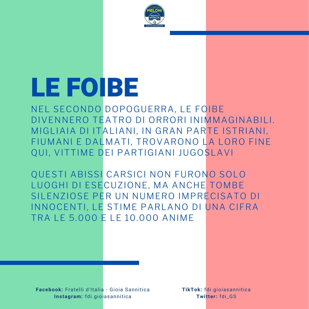 fdi_GS's tweet photo. IL GIORNO DEL RICORDO

Ogni 10 febbraio celebriamo il Giorno del Ricordo, un'occasione per onorare le vittime delle foibe e dell'esodo giuliano dalmata

Furono degli eventi tragici che dobbiamo ricordare per fare in modo che barbarie del genere non succedano più https://t.co/FpGycYg06F