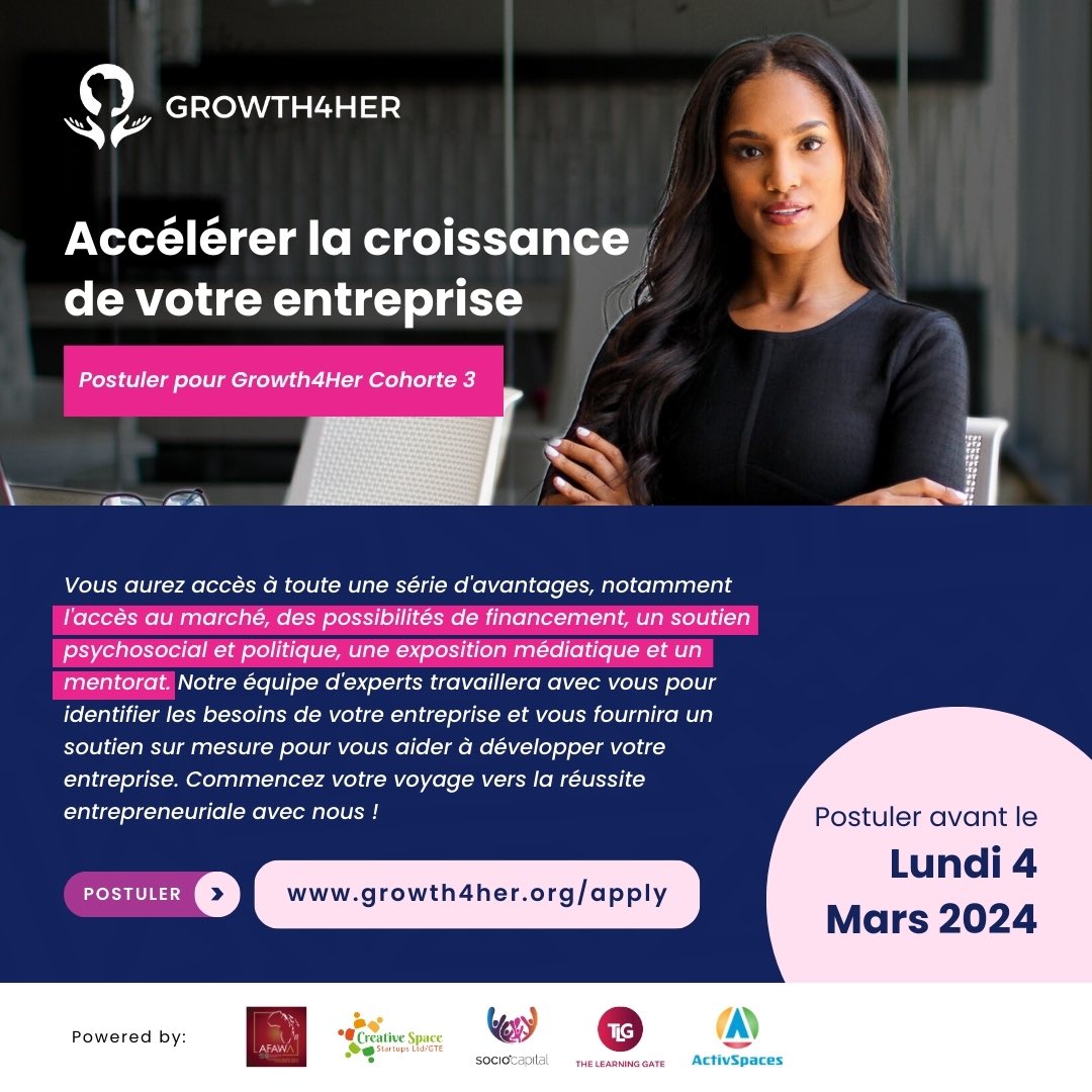 Ne manquez pas cette occasion de rejoindre un mouvement de femmes entrepreneurs autonomes ! Posez votre candidature avant le 4 Mars 2024 et libérez tout le potentiel de votre entreprise !

👉🏽 growth4her.org/app

#Growth4Her #AFAWA #EmpowerHER