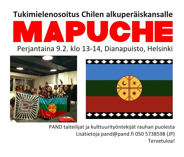Vetoomus Chilen alkuperäiskansan puolesta luovutetaan perjantaina 9.2. Chilen suurlähettiläälle Helsingissä järjestettävän mielenilmauksen yhteydessä. Mielenilmaus Mapuche-kansan puolesta järjestetään 9.2. klo 13.00 Diana-puistossa.
#mapuche #ilo169 #chile #alkuperäiskansat