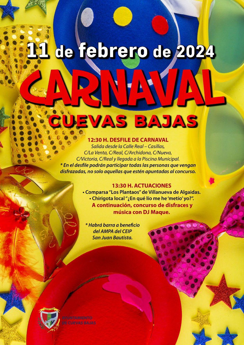 🎭 Este año, celebraremos el CARNAVAL en Cuevas Bajas el domingo 11 de febrero.

💡 ¿Aún no sabes de qué te vas a disfrazar? Echa a volar tu imaginación…

#CuevasBajas #sierranortedemálaga #LaVillaMorá #ViveCuevasBajas #Carnaval #fiestas #disfraces