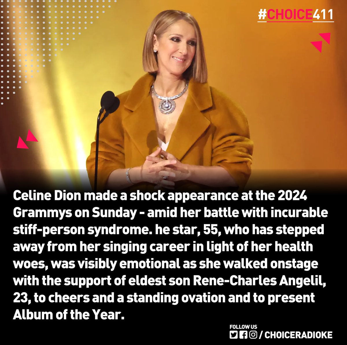 choiceradio_ke's tweet photo. In spite of recent health issues, #CelineDion emotionally graced the Grammy stage. She gave the Album of the Year trophy to Taylor Swift.
#Choice411 #GRAMMYs2024 #TheChoiceBrunch https://t.co/NpjBqR5qFh