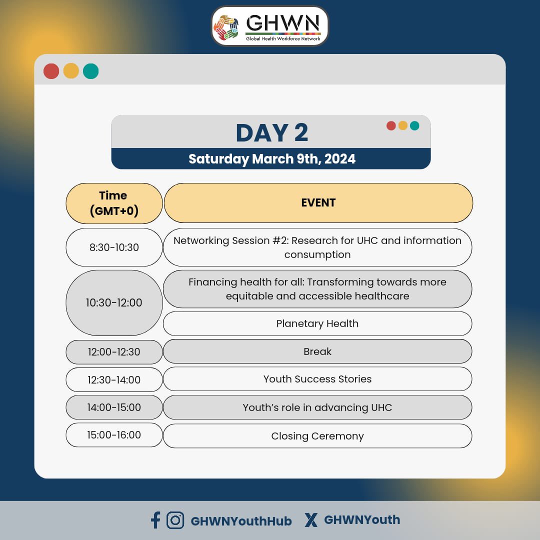 🌍 Exciting News! Join us at the @GHWNYouth Conference on #UHC! 🌟 Let's shape a YouthMap for future #health together! 🩺💡 📅 Date: 8-9 March 📍 Location: Virtual Event 🚀 Register NOW: bit.ly/GHWN2024Regist…