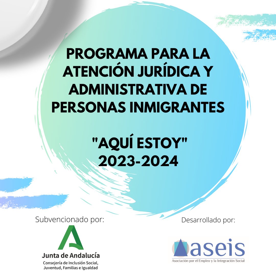 ASEISasociacion's tweet photo. Programa "Aquí Estoy", subvencionado por la Consejería de Inclusión Social, Juventud, Familias e Igualdad de la @juntadandalucia  y a través del cual ofrecemos un servicio jurídico y administrativo así  a personas inmigrantes en situación de riesgo de exclusión social en #Jaén. https://t.co/zFiw5tyVyG