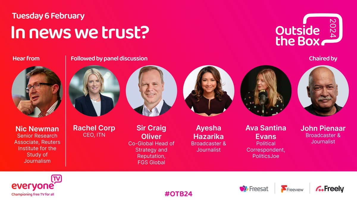 Looking forward to setting up this important debate about how news industry can re-establish trust with audiences, using latest @risj_oxford data. Live commentary on this terrific panel and more on 6 Feb via #OTB24
