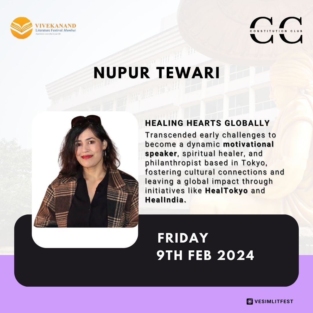 "Embrace the inspiration as Nupur Tewari takes the stage at Vivekanand Literature Festival! Join us in welcoming this dynamic motivational speaker, spiritual healer, and philanthropist, making a global impact through initiatives like HealTokyo and HealIndia. #VLF2024 #NupurTewari