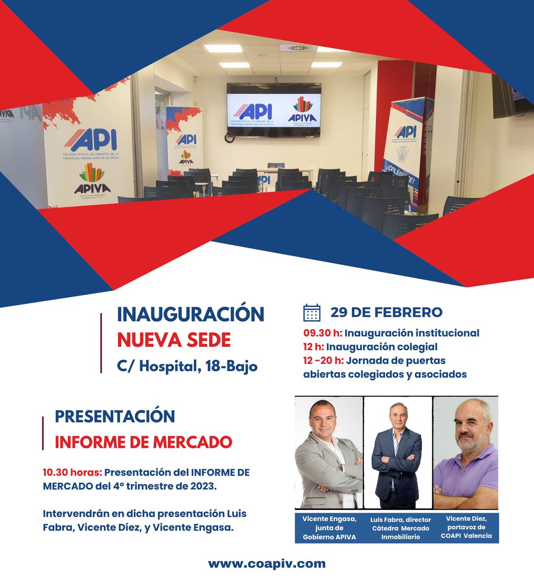 COAPI_Valencia's tweet photo. 📣 𝐈𝐧𝐚𝐮𝐠𝐮𝐫𝐚𝐜𝐢𝐨́𝐧 𝐧𝐮𝐞𝐯𝐚 𝐬𝐞𝐝𝐞 𝐲 𝐩𝐫𝐞𝐬𝐞𝐧𝐭𝐚𝐜𝐢𝐨́𝐧 𝐝𝐞𝐥 𝐢𝐧𝐟𝐨𝐫𝐦𝐞 del mercado inmobiliario de Valencia. 

📅 29 de febrero
🙋‍♀️ ¡Te esperamos! 

#YoSoyApiValencia #CoapiValencia #NuevaSede #InformeInmobiliario https://t.co/1CEpbC5gIb