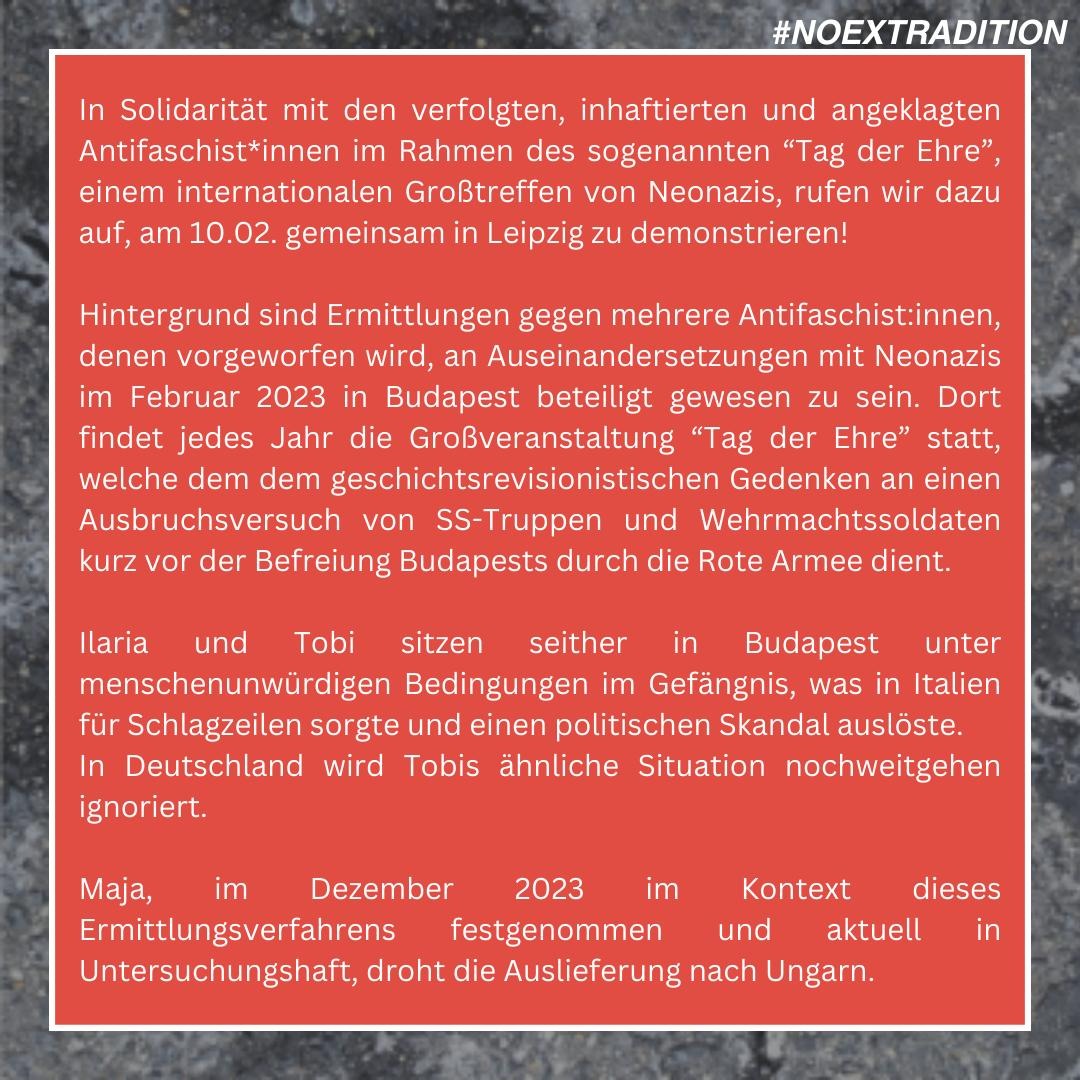 WirsindalleLinx's tweet photo. In Solidarität mit den verfolgten, inhaftierten und angeklagten Antifaschist*innen im Kontext des sog. “Tag der Ehre” rufen wir dazu auf, gemeinsam in Leipzig zu demonstrieren: 

🕒10.02.24 ab 15 Uhr
📍Flossplatzpark, Leipzig

#NoExtradition #FreeThemAll https://t.co/HlJx01fG5k