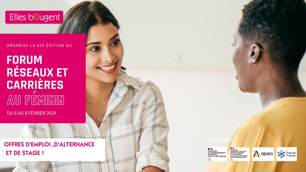 Ellesbougent's tweet photo. đVous ĂȘtes Ă la recherche dâun emploi, dâun stage ou dâune alternance ?
Dernier jour pour participer au Forum Réseaux & CarriÚres au féminin d'Elles bougent qui se tiendra du 6 au 8 février 2024 !
Plus de 2987 offres. Inscrivez vous sur https://t.co/WGrEPSnyYc
#forumEB https://t.co/McbXjD9RSc