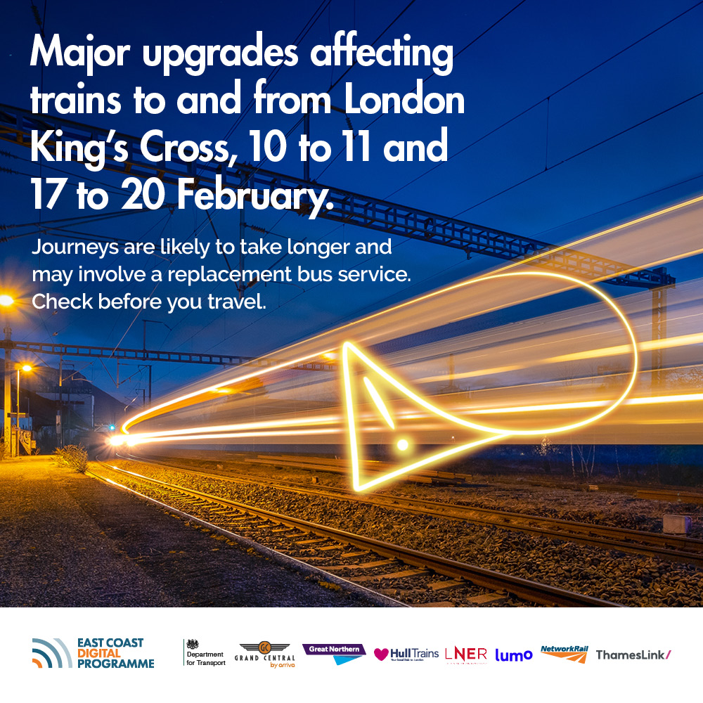 Major engineering work will impact LNER services on Sat 10 & Sun 11 Feb, and from Sat 17- Tues 20 Feb. This may affect your normal weekday travel. Plan ahead and check before you travel at nationalrail.co.uk We apologise for the inconvenience this will cause. 1/3