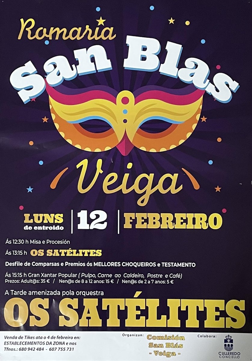 ConcCulleredo's tweet photo. 🗓 O vindeiro luns, 12 de febreiro e a partir das ⏰ 12:30 horas, Veiga festexará un dos 🎭 #entroidos máis xenuínos de toda a comarca. 

Verbena 💃🕺 con Orquesta Los Satélites, desfile de comparsas, premios aos mellores #choqueiros e a lectura do tradicional #testamento. https://t.co/UUYgEYsJHY