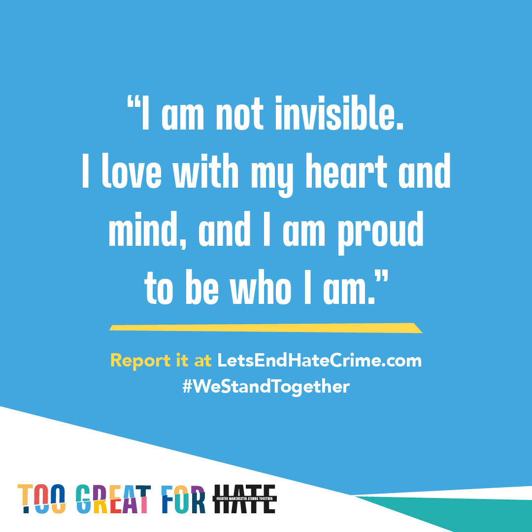 This week is Greater Manchester Hate Crime Awareness Week. The clue is in the name, hate crime is a crime. It’s unacceptable. We all have a right to live without fear, hostility and intimidation. Make #GreaterManchester the place where we look out for each other. #WeStandTogether