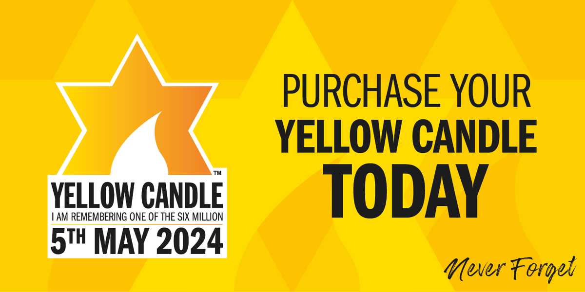 Yellow Candle 2024 has now launched. Be part of the community-wide commemoration marking Yom HaShoah by lighting your Yellow Candle on Sunday 5th May. Purchase your Yellow Candle now at yellowcandleuk.org/purchasecandle @TheAJR_ @JewishChron @maccabigb @yadvashemUK @yomhashoahuk