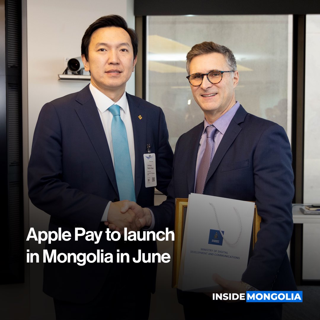 Inside_Mongolia's tweet photo. Following a recent meeting between The Minister of Digital Development and Communications of Mongolia, the Vice President of Visa, and the Vice president of Information Technology Department of Apple, a joint announcement confirms the upcoming launch of Apple Pay in Mongolia. https://t.co/ZUmVshjYV2