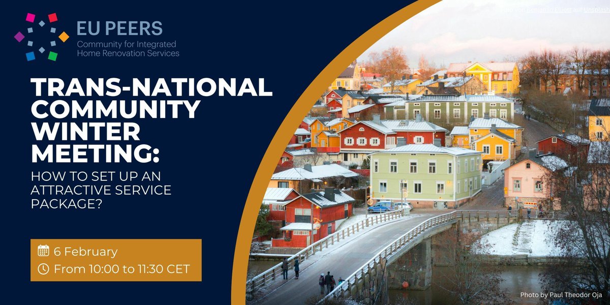 1️⃣ Day for the #EUPeers Trans-national Community Winter Meeting

🏡Don't miss this opportunity and join us on 6 February, from 10:00 to 11:30(CET)
Learn how to set up an attractive service package as an #IHRS and transform the energy #renovationmarket. 
📍buff.ly/3um2yk6