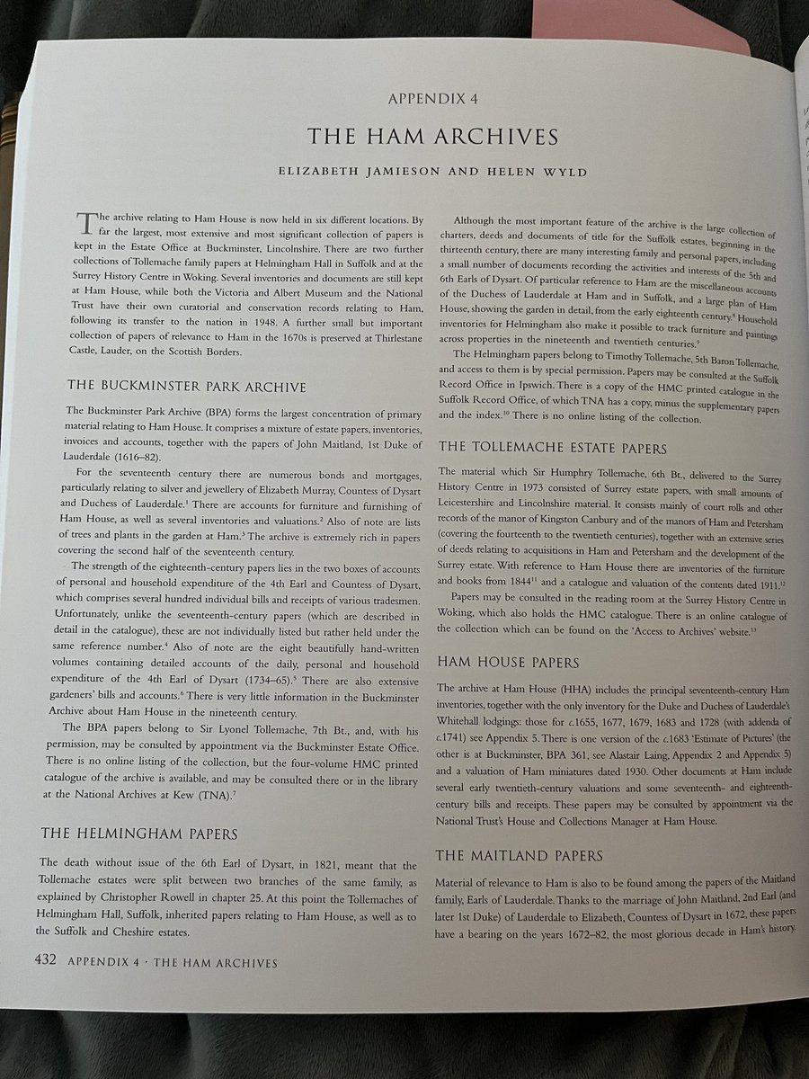StephanieBowry's tweet photo. @SarahABendall A page from Appendix 4 of Ham House: 400 Years of Collecting &amp; Patronage (2015) relating to specific archives including the Helmingham Papers. https://t.co/FuFmkNuxqX