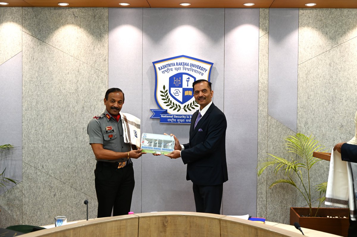 RakshaUni's tweet photo. 🎉On February 5th, 2024, the Director General of Assam Rifles, Lt. Gen. Pradeep Chandran Nair PVSM, AVSM, YSM, PhD, and officials from Assam Rifles Headquarters visited Rashtriya Raksha University for the signing ceremony of the MoU and Affiliation Agreement. https://t.co/zg9Hb9t96m