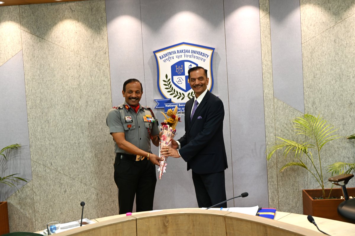 RakshaUni's tweet photo. 🎉On February 5th, 2024, the Director General of Assam Rifles, Lt. Gen. Pradeep Chandran Nair PVSM, AVSM, YSM, PhD, and officials from Assam Rifles Headquarters visited Rashtriya Raksha University for the signing ceremony of the MoU and Affiliation Agreement. https://t.co/zg9Hb9t96m