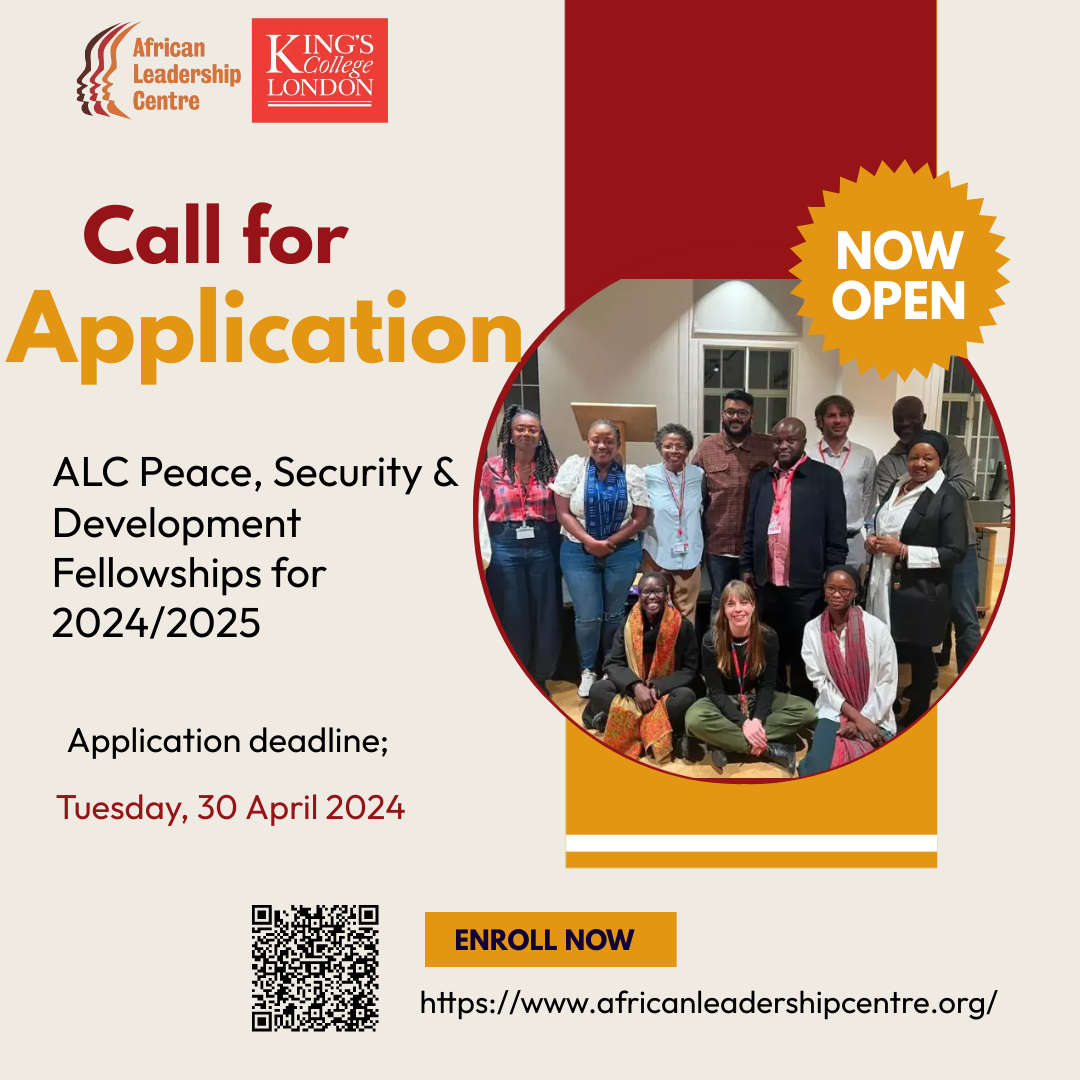 📢Exciting Opportunity Alert! @ALC_KCL announces the call for applications for Peace, Security & Development Fellowship for 2024/2025. Learn more about our fellowship programs👇africanleadershipcentre.org/index.php/22-n… #ALCFellowships #AfricaLeadership #Fellowships #PeaceSecurityDevelopment