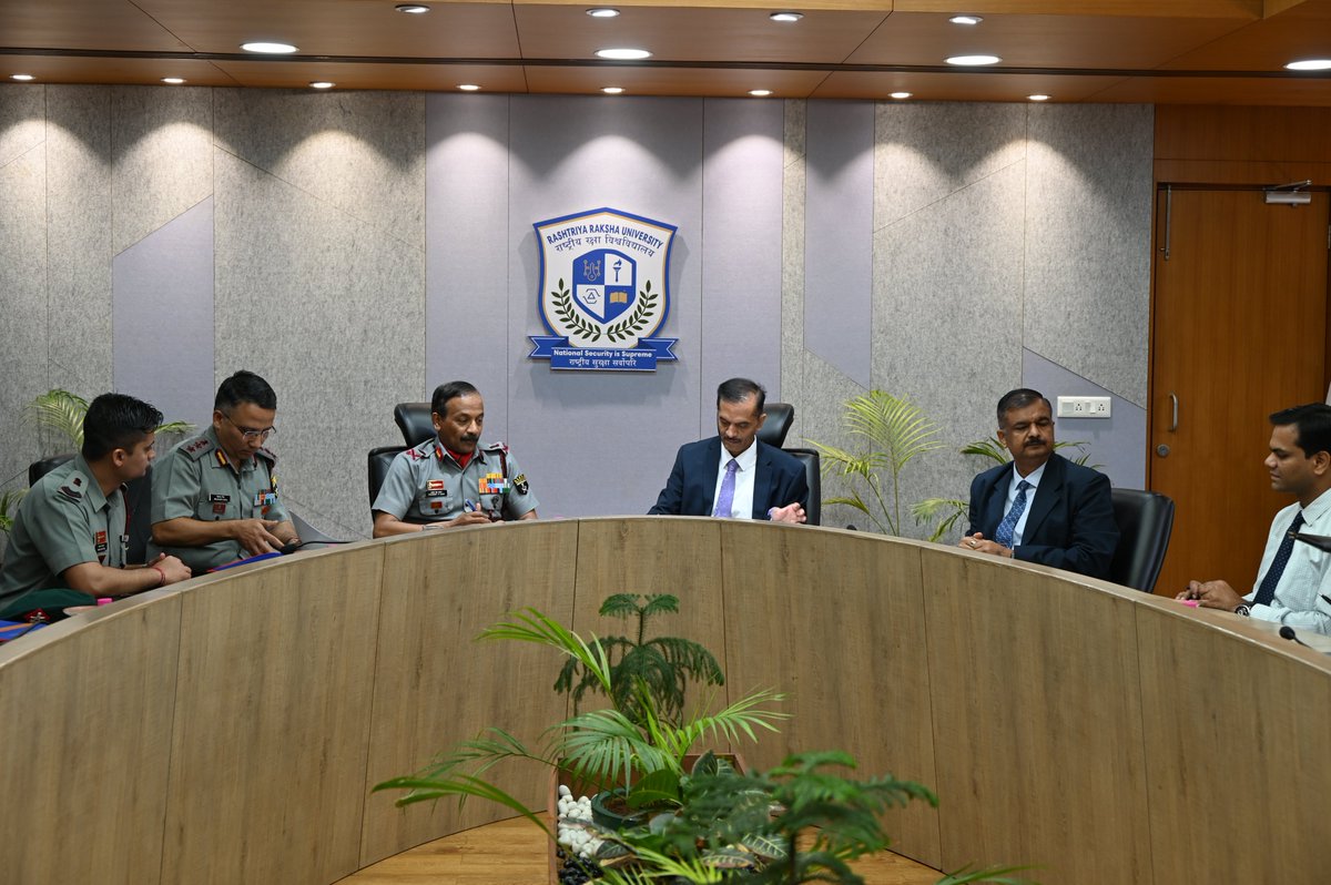 RakshaUni's tweet photo. 🎉On February 5th, 2024, the Director General of Assam Rifles, Lt. Gen. Pradeep Chandran Nair PVSM, AVSM, YSM, PhD, and officials from Assam Rifles Headquarters visited Rashtriya Raksha University for the signing ceremony of the MoU and Affiliation Agreement. https://t.co/zg9Hb9t96m