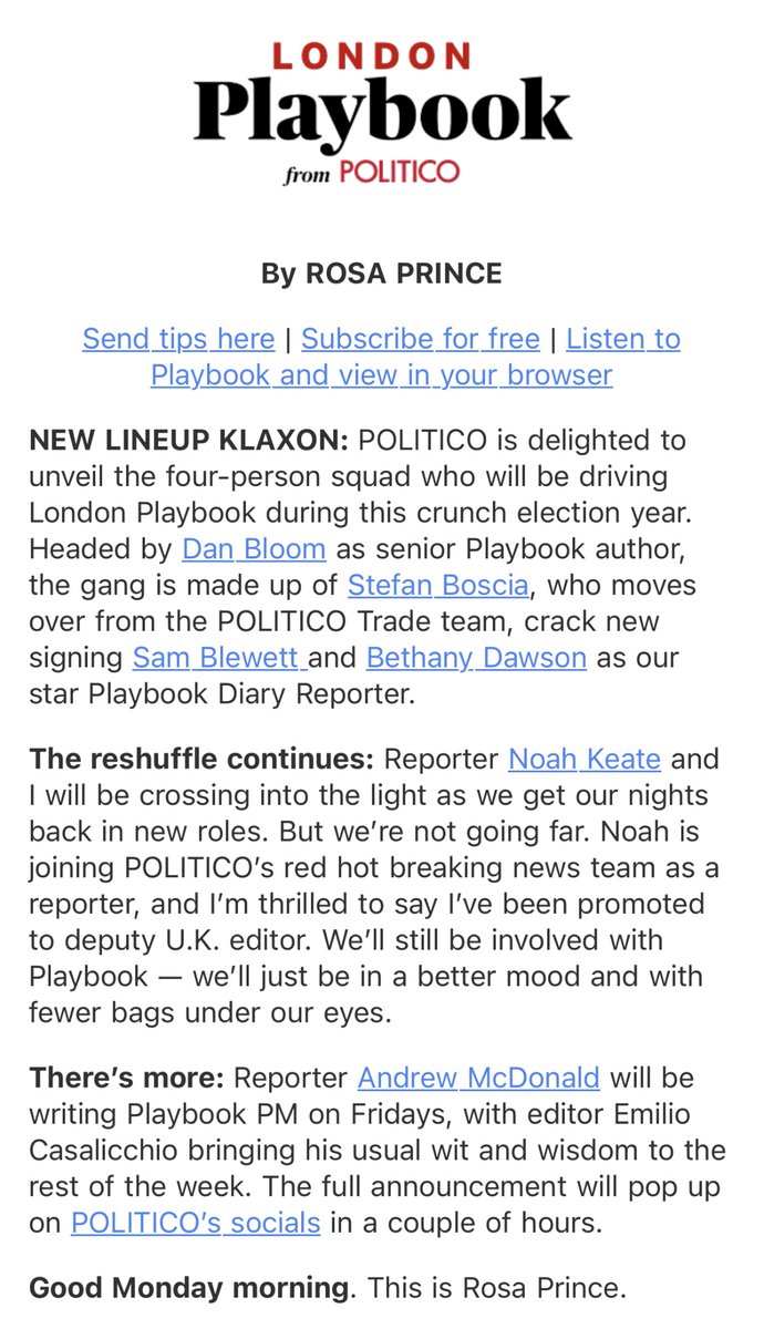 NoahKeate's tweet image. After a fun, fulfilling and busy 12 months on London Playbook, I'm chuffed to be joining POLITICO's live news team as a reporter writing breaking news stories as well as in-depth features. Needless to say, in an election year, there will be plenty to cover. I can't wait to (1/3)