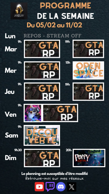 Le programme de la semaine ! On va expérimenter un petit moment open-space où je vous montre mon travail autour de la recherche documentaire et l'écriture. Le stream aura une ambiance plus studieuse que d'habitude.