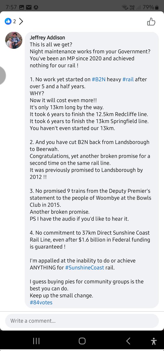 Jeffrey_Addison's tweet photo. Local MP Robert Skelton posts on FB about rail maintenance works [pic 2]. 
He left X, so I'll respond on FB.
I reply..  copied here for the record [pic 1]
#Nicklin #QldLabor #rail #publictransport 
#QldVotes #Brisbane2032 https://t.co/YlnyrbQjXN