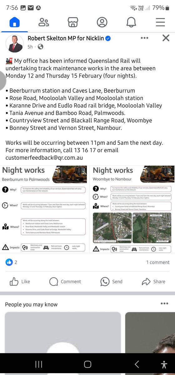 Jeffrey_Addison's tweet photo. Local MP Robert Skelton posts on FB about rail maintenance works [pic 2]. 
He left X, so I'll respond on FB.
I reply..  copied here for the record [pic 1]
#Nicklin #QldLabor #rail #publictransport 
#QldVotes #Brisbane2032 https://t.co/YlnyrbQjXN