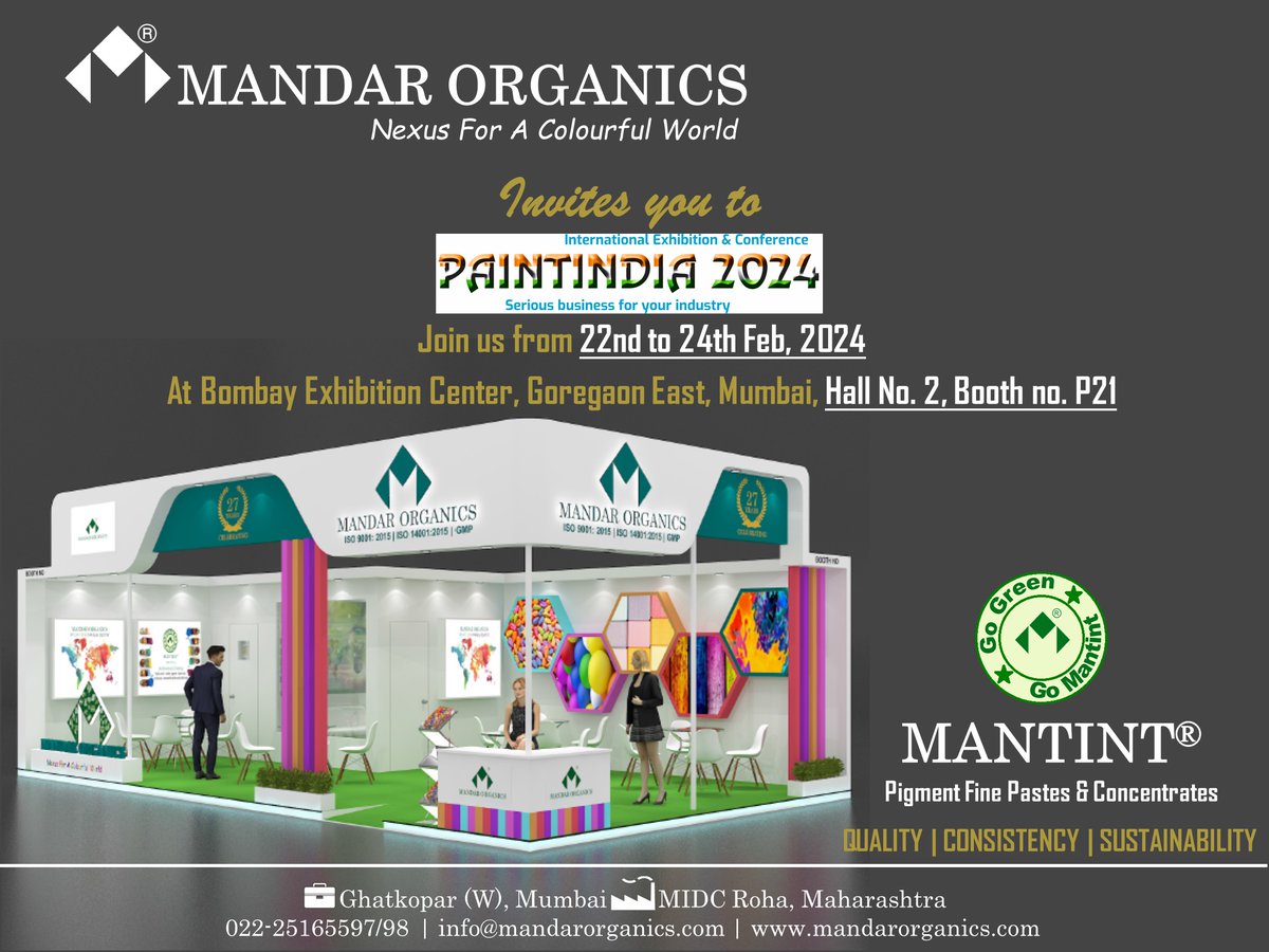 MandarOrganics's tweet photo. We are thrilled to share that we are exhibiting in #PaintIndia.
#SaveTheDate : 22nd to 24th Feb, 2024
Let's connect and explore new possibilities.
#MandarOrganics #MOPL
#Paint | #Ink | #Textile | #Paper | #Ink | #Rubber | #Leather | #AgroChemical | #Viscose (#DopeDyeing)| #Soap https://t.co/FEkIKN8l1P