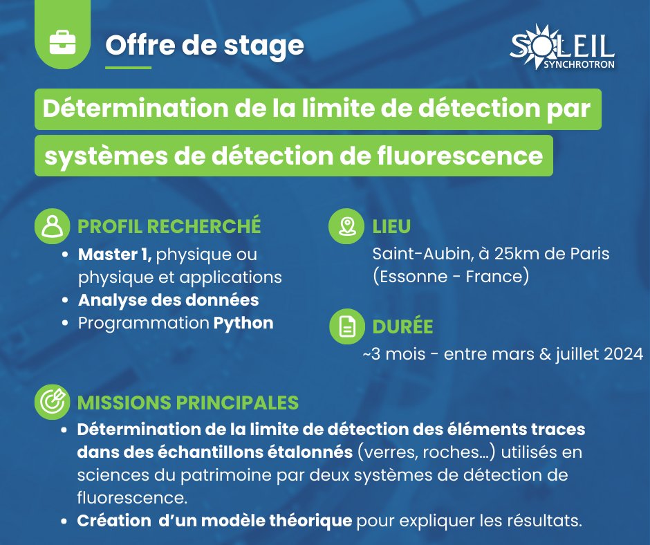 synchroSOLEIL's tweet photo. Stage : détermination de la limite de détection par systèmes de détection de fluorescence
(Stage effectué en partie sur @PUMA_beamline)
🔎 Master 1, physique ou physique et applications + analyse des données 
👉 https://t.co/LNgx5QXA8H https://t.co/szLGiXoOzn