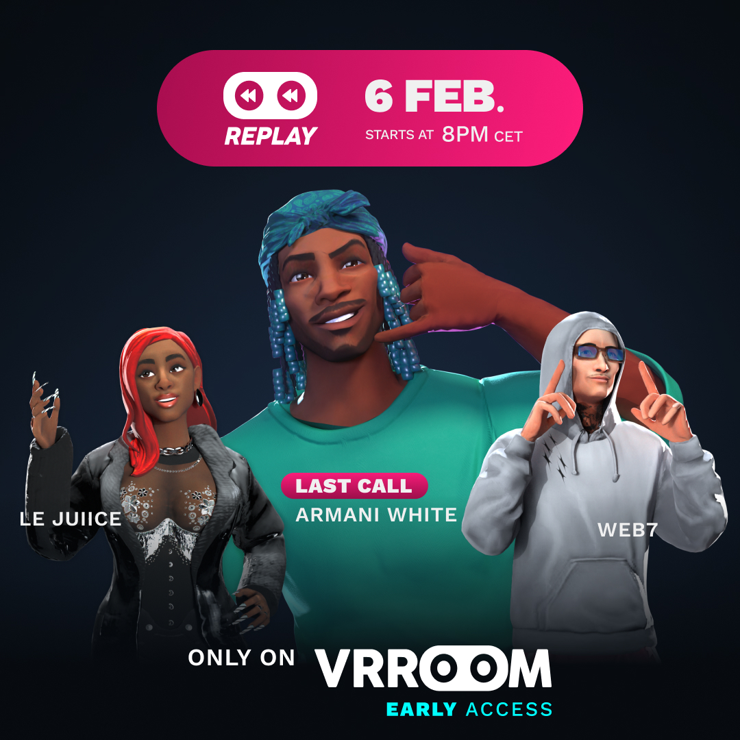 Last Call! Don't miss the #blancoverse last replay on VRROOM! 🚀 Experience the Armani White VR magic &amp; the talents of  Web7, &amp; The Juiice in a special 1-hour event.  🎶✨
Join us on Discord to live it together! Chat, share, and meet the community. 👉 discord.gg/V3ZnHjDCc4
#VR