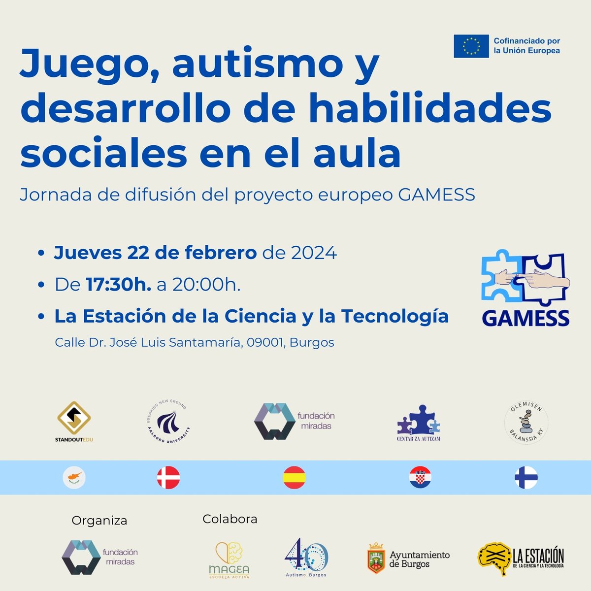FMiradasTEA's tweet photo. 🔵¡Reserva la fecha!
👉🏼Jueves 22 de febrero a las 17:30h. en @laestacionbur jornada "Juego, #autismo y desarrollo de habilidades sociales en el aula" #GAMESS
⬇️Inscríbete aquí
https://t.co/u7zf0pViAS
@mageaescuela @autismoburgos @aytoburgos @sepiegob #ErasmusPlus https://t.co/LivUVpOrJR