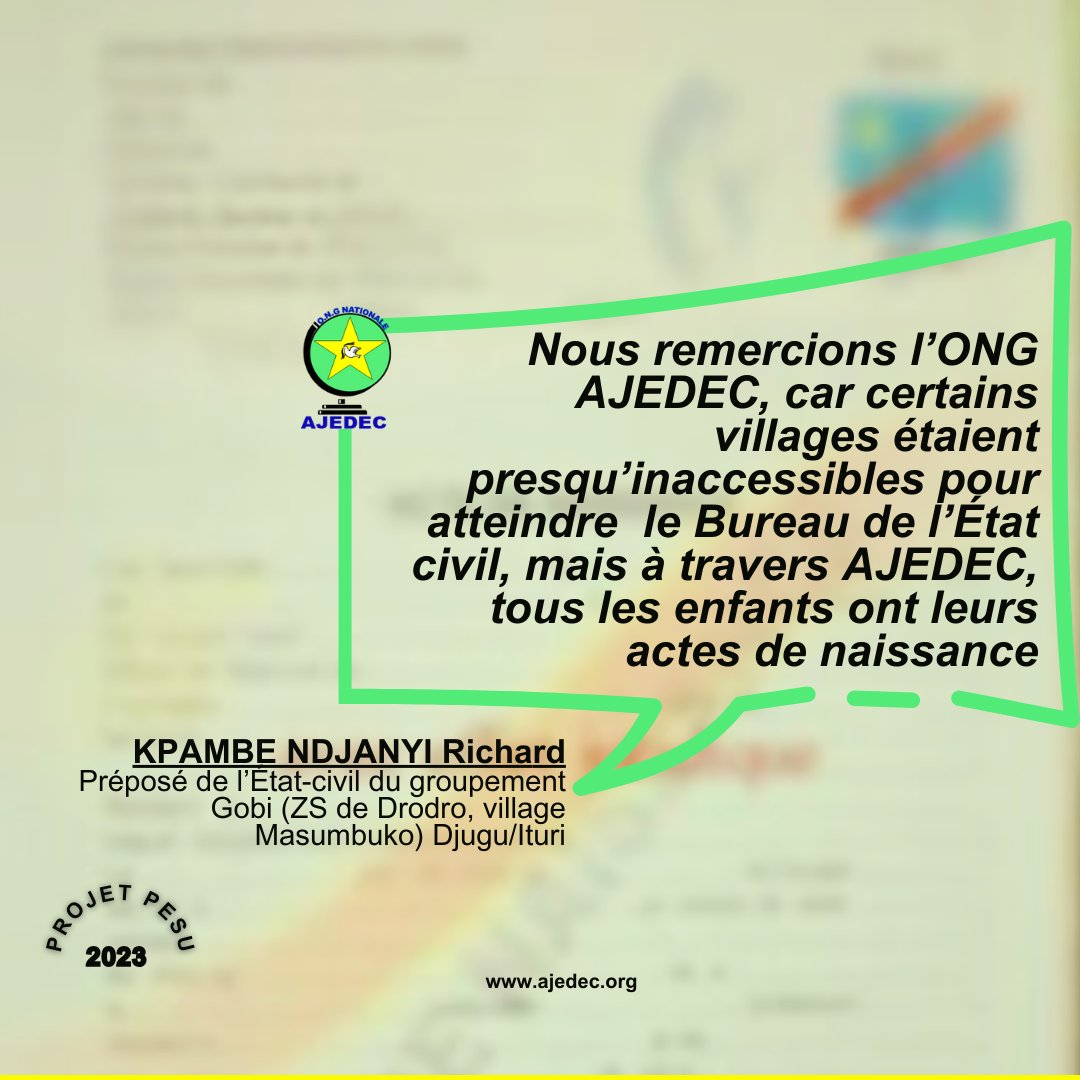 PU: avec le soutien de l'<a href="/UNICEFDRC/">UNICEF en RDC</a> , 10 ZS en Ituri ont bénéficié de la campagne d'enregistrement de naissance des #enfants . Dans les 4000 naissances attendues, 3587 ont eu lieu parmi lesquelles 2456 enfants ont reçu leurs actes de naissance aux BEC.

#CDE
#LPPE10JANVIER2009