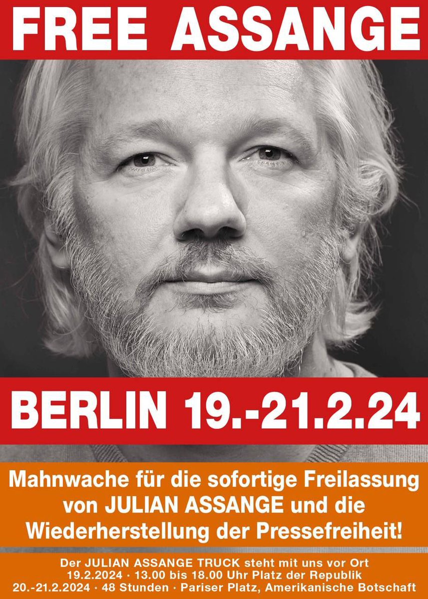 ehrlichetweets's tweet photo. 💥Finale Anhörung von Julian Assange in London💥

Der 20. und 21.02.24 werden die entscheidenden Tage für JULIAN ASSANGE sein, was seine drohende Auslieferung an die USA angeht!!

Gemeinsam mit dem Assange Truck 🚛 der Spedition Markus Barth und seinem Fahrer Andreas Rothe stehen wir vom 19. bis 21.02.24 in Berlin! 

💥 BERLIN 19.02.24 : 13:00-18:00 Uhr
Platz der Republik
20.-21.02.24 : 48 Stunden
Pariser Platz, amerikanische Botschaft💥
Mit Kundgebungen!

BITTE KOMMT ZAHLREICH UND SETZT MIT UNS EIN ZEICHEN FÜR DIESEN MUTIGEN MANN!!🫶

Weitere Aktionen in Planung, bleibt auf Empfang: https://t.co/0KoRy4vY9R

Initiativen können sich noch beteiligen:
AssangeDayX_Berlin@proton.me

#FreeAssange #FreeAssangeJetzt #FreeAssangeNOW @Stella_Assange