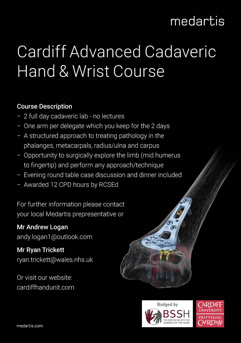 #handsurgery Cardiff Advanced Cadaveric Course open for registration. At @cardiffuni sponsored by @Medartis_Global @Medartis_UK Stryker powertools and badged by @BSSHand this course offers 2 days with your own limb and ALL the theatre kit/fluoro Apply here docs.google.com/forms/d/e/1FAI…