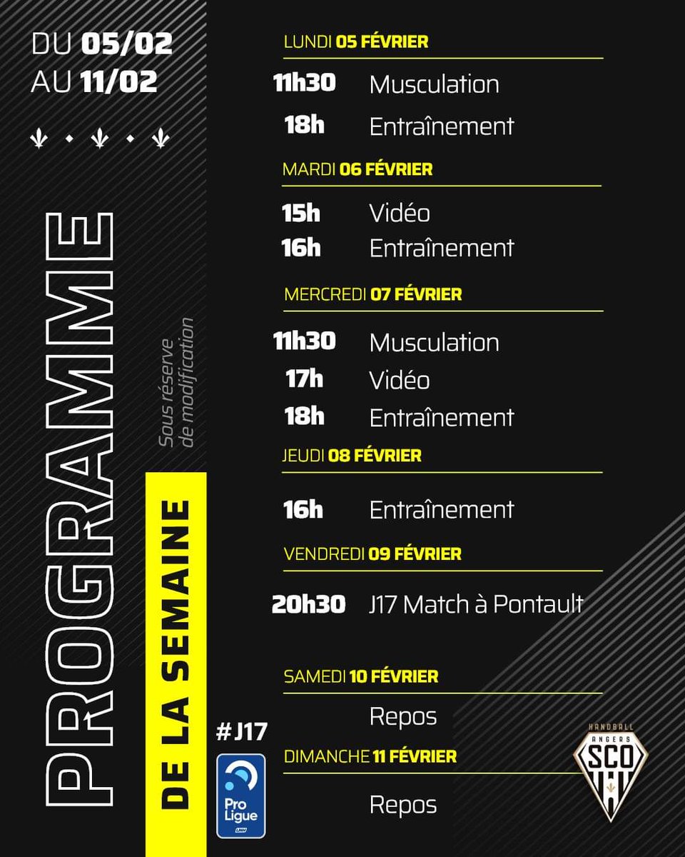 𝗖𝗘𝗧𝗧𝗘 𝗦𝗘𝗠𝗔𝗜𝗡𝗘 💪 Découvrez le programme de cette semaine d'entraînement de nos Noir&Blanc ⚫️⚪️ Déplacement à Pontault-Combault vendredi 9 février pour ce 17ème match de championnat 🔥 #SportAngers #angerssco #teamsco #LaForceDuSCO #LaDalleAngevine #Proligue #LNH