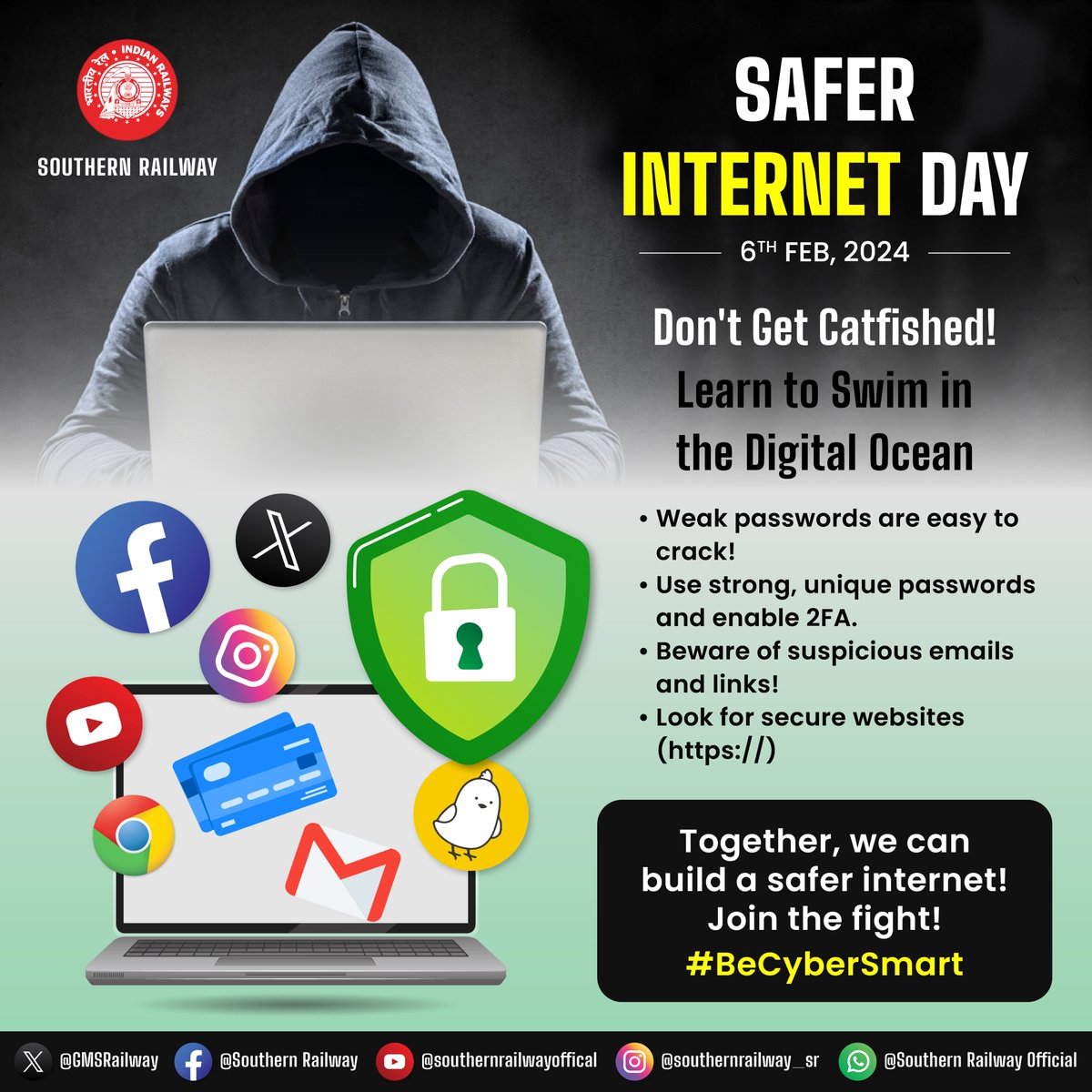 The internet can be a wild place, but you don't have to be bait!  

This #SaferInternetDay, learn to swim safely with these essential tips. ‍♀️

 #BeCyberSmart #OnlineSafetyForEveryone #BeTheChange #Southernrailway