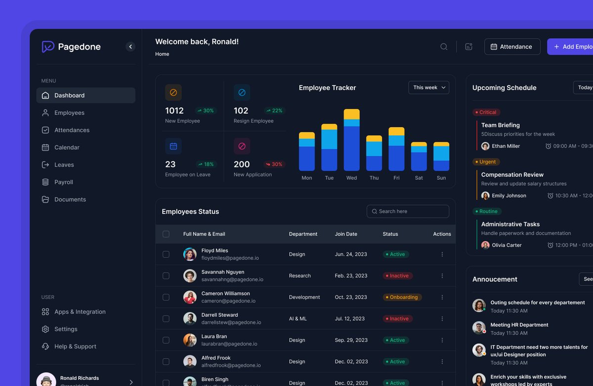 Dashboard page in dark mode for <a href="/pagedone/">Pagedone</a>