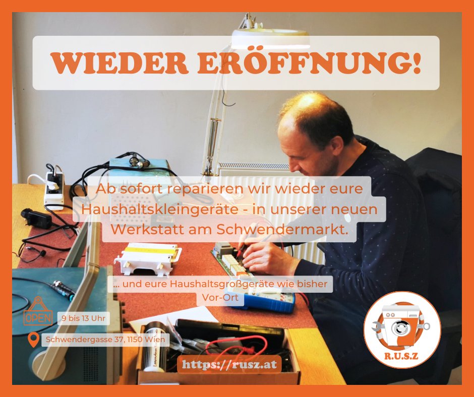 Ab sofort sind wir auch mit einer Werkstatt wieder für euch da!
Wo: Am Schwendermarkt in der Schwendergasse 37, im 15. Bezirk.

Unser Vor-Ort-Service für Haushaltsgroßgeräte und Haushaltskleingeräte könnt ihr nach wie vor auf unserer Webseite buchen.
Reparieren statt neukaufen!
