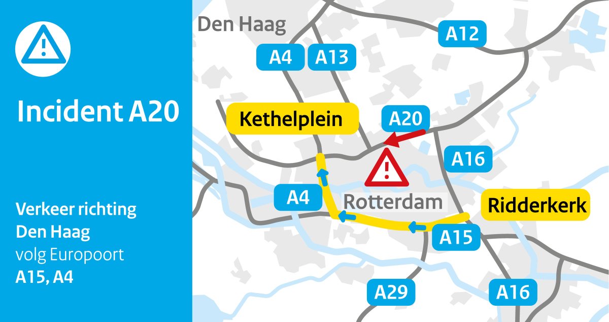 De werkzaamheden om de RIMOB te vervangen gaan zo starten. De verbindingsweg op de #A16 richting Hoek van Holland (#A20) bij knp. Terbregseplein is dicht en de vertraging van 30 minuten loopt op. Het advies is om vanaf knp. Ridderkerk-Zuid onderstaande omleiding te volgen. 👇