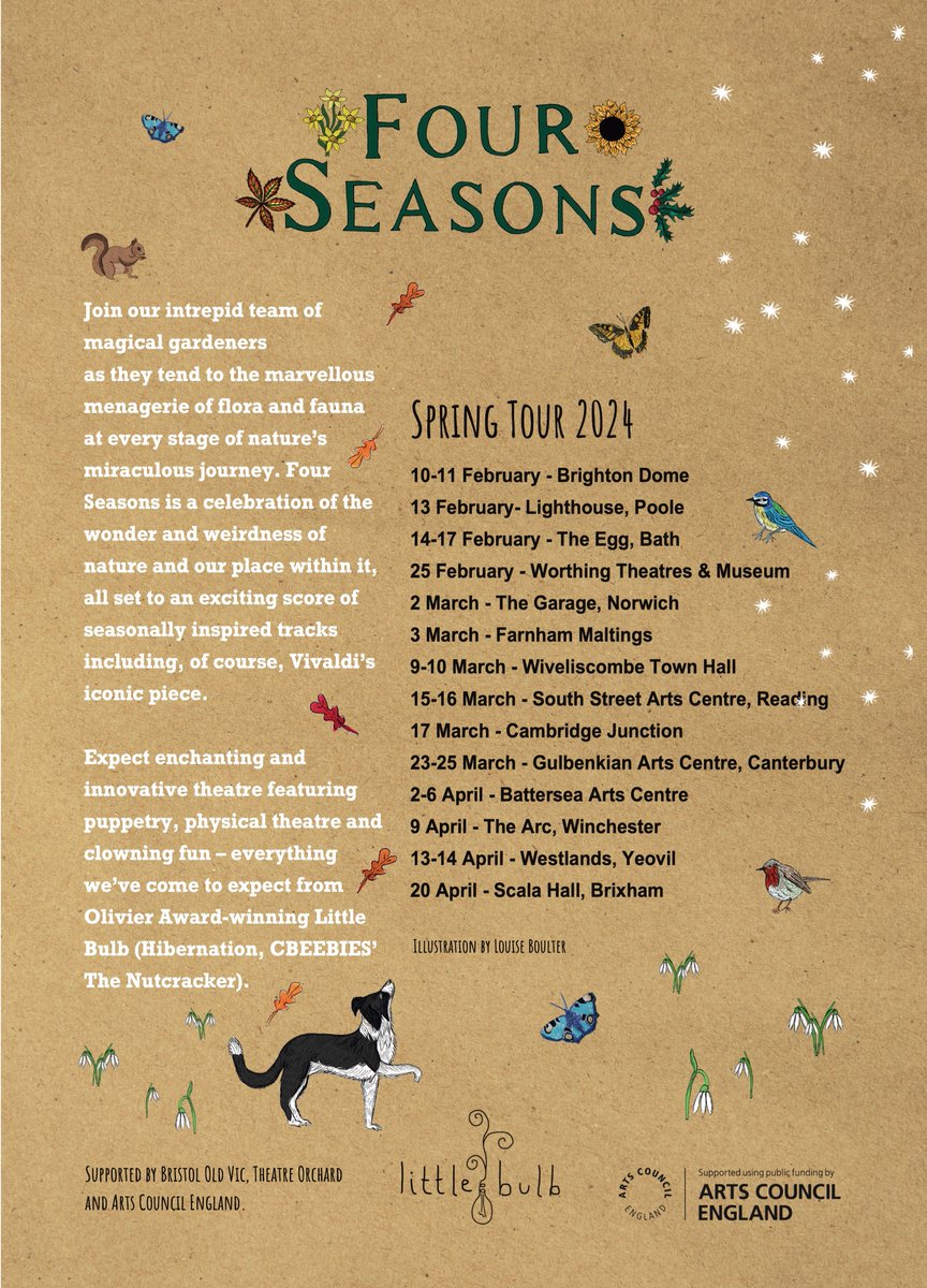 After a wonderful run @BristolOldVic this Christmas (thanks to everyone who came along!) we're so happy to be taking Four Seasons on tour this Spring starting this weekend in Brighton! Come say hi if you're around, we'd love to see you there!🌱🌻🍂❄️Xxx littlebulbtheatre.com/tourdates