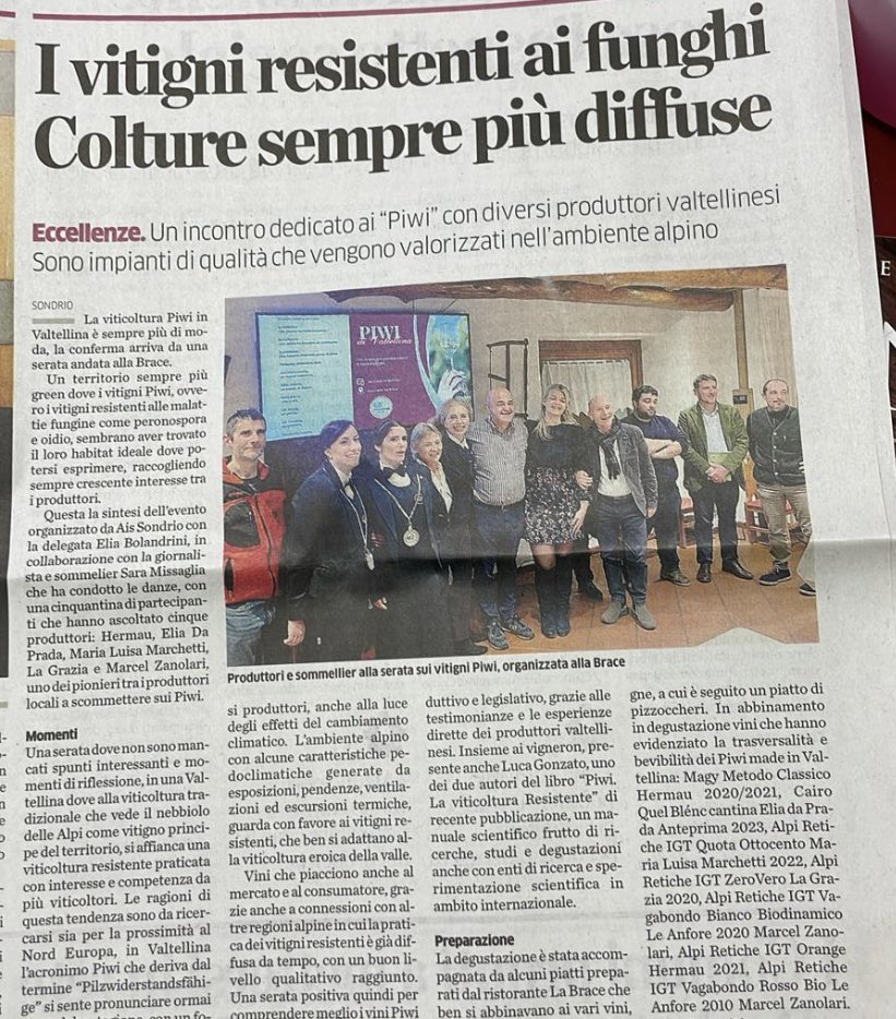 missaglia_sara's tweet photo. ✍️ @zarmalana firma l’articolo che La Provincia di Sondrio dedica alla serata di Ais Sondrio sui vitigni piwi in Valtellina: un evento che ha parlato di territorio e di viticoltura resistente.
.
@AisLombardia #piwi #vitigniresistenti https://t.co/MCdcTGX4Gm