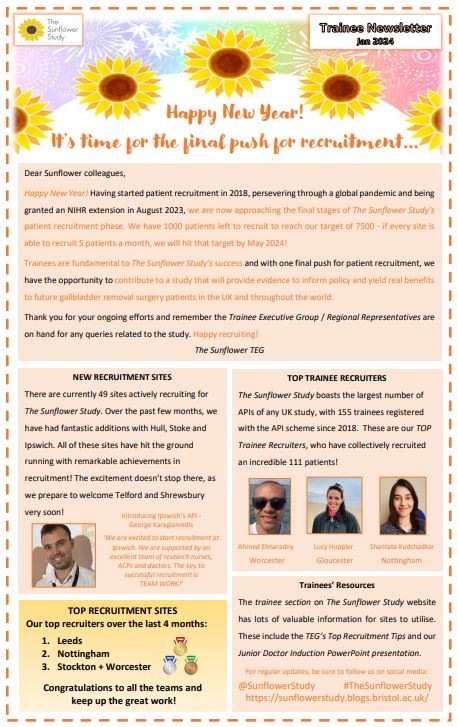 Our @sunflowerstudy Trainee Executive group has produced a newsletter that will be making its way out to all interested trainees across the UK. Please see a copy here and also on our website, alongside all our other newsletters and media outputs. tinyurl.com/yc7h2z4m