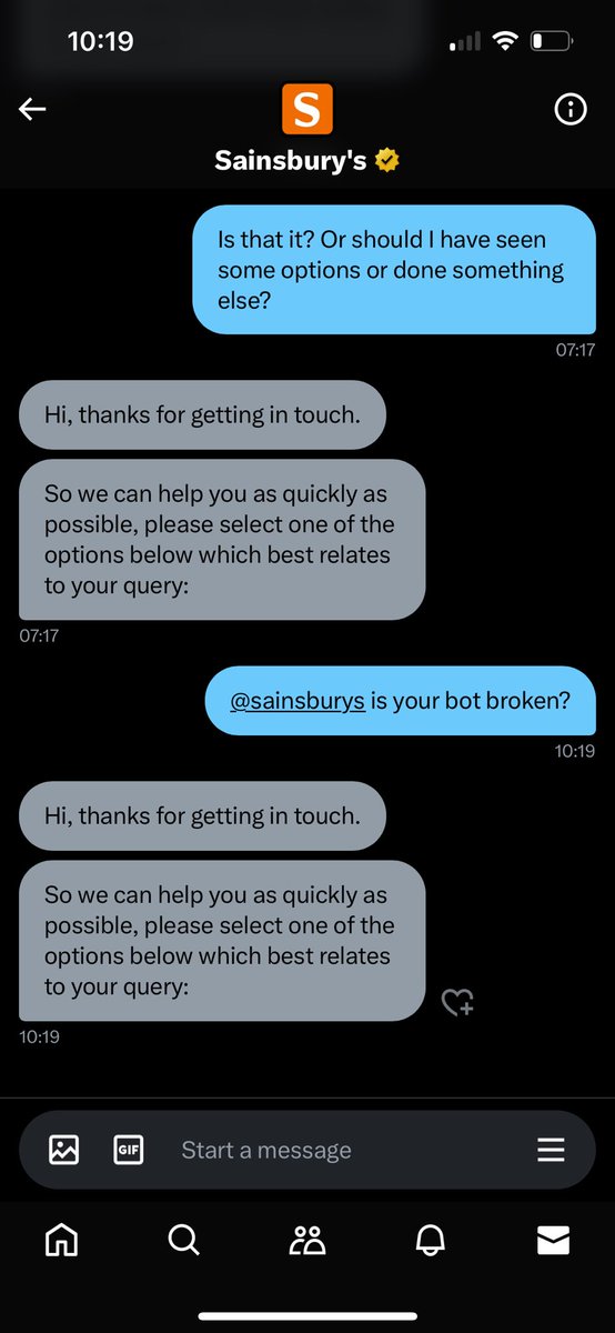 MattKingsnorth's tweet photo. @sainsburys is your customer service bot broken as well as your sausage bot? 🤖 🌭 https://t.co/qOmkd7FPcT