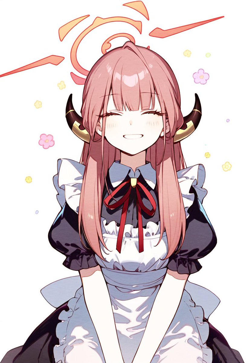 aru (blue archive) 1girl solo horns apron closed eyes halo smile  illustration images