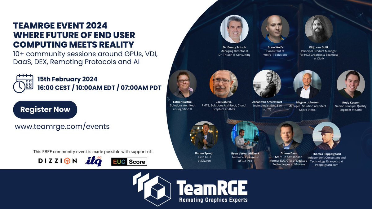 🌈 Still a few days left! "Where the future of #EUC meets reality".

Have you registered for the FREE 'Remote Graphics, #GPU #AI and #DaaS Desktop as a Service' community events of the year?

😻12 presenters, unique content around GPUs, AI, VDI, DaaS, Remoting Protocols,