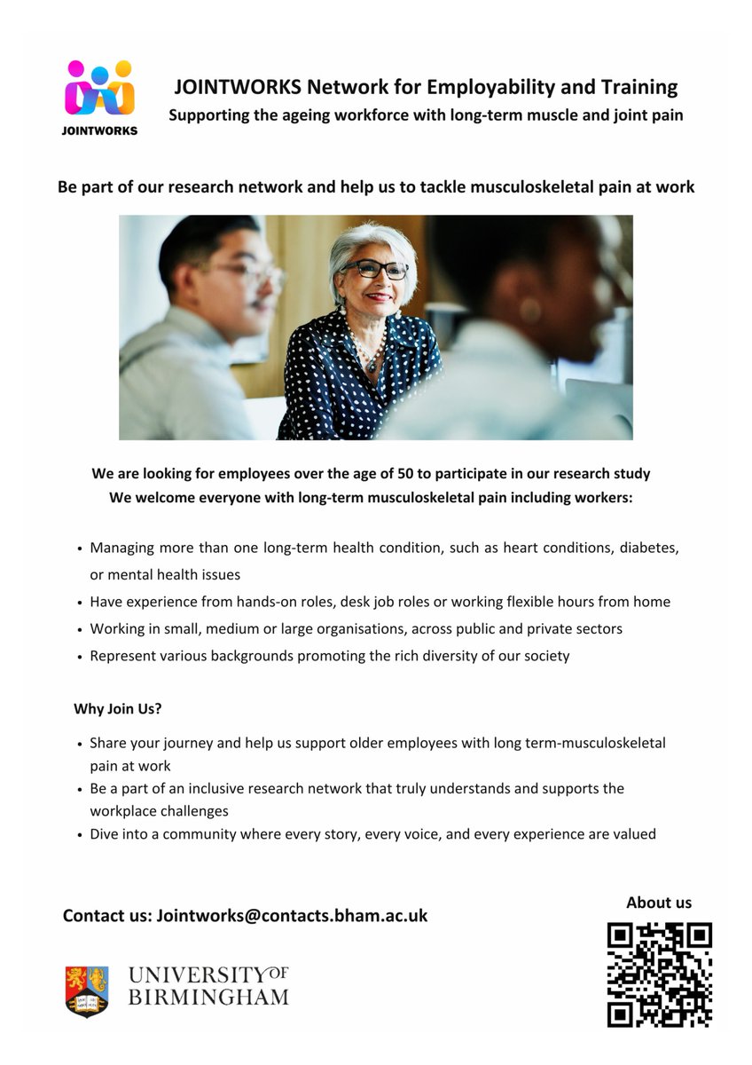 Jointworks Research (@jointworksuob) on Twitter photo Are you an employee aged 50 or above, dealing with musculoskeletal chronic pain? Your insights matter! Contribute to our study by sharing your valuable opinions. Together, let's enhance our understanding of workplace health. Join us in making a difference!
<a href="/glikeria_sk/">Dr Glykeria Skamagki</a> Are you an employee aged 50 or above, dealing with musculoskeletal chronic pain? Your insights matter! Contribute to our study by sharing your valuable opinions. Together, let's enhance our understanding of workplace health. Join us in making a difference!
<a href="/glikeria_sk/">Dr Glykeria Skamagki</a>