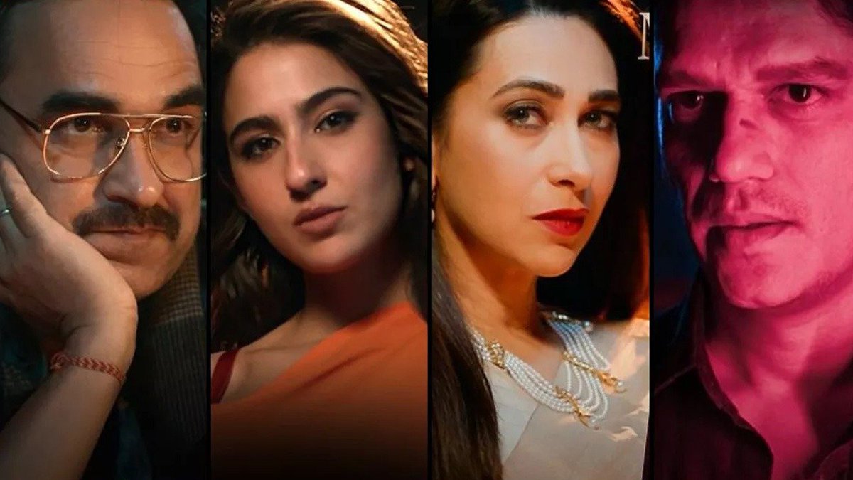 #MurderMubarak teaser out! Directed by Homi Adajania & produced by Maddock Films,will premiere on #Netflix on March 15. The film is adapted from Anuja Chauhan’s book '#ClubYouToDeath.Karishma Kapoor, #SaraAliKhan #VijayVarma are murder suspects,while #PankajTripathi plays the cop