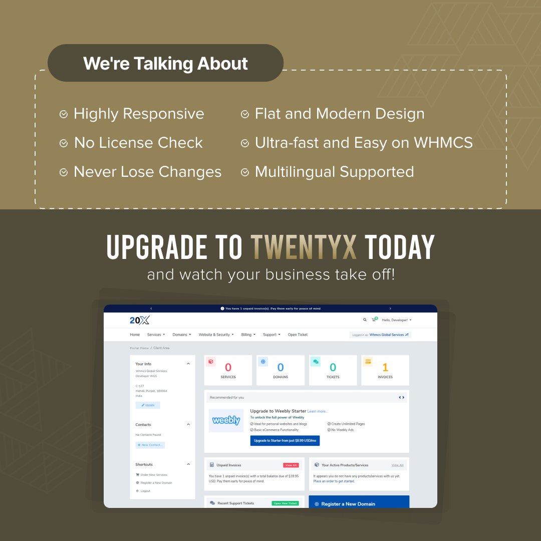 Infowgs's tweet image. Client areas don't have to be boring. 💤
Revamp your WHMCS with TwentyX 🚀
Modern. Customizable. And damn good-looking 😎
Upgrade to TwentyX now 💪
Upgrade now: bit.ly/3NjDW1I
#whmcs #whmcsdeveloper #whmcsthemes #whmcsmodules #whmcstemplates #wgs